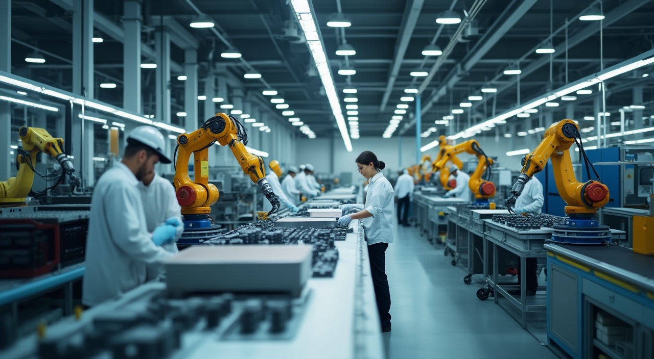 AI generated image by FLUX.1-pro: Wide-angle shot of a modern factory: Workers operate advanced machines efficiently, with robotic arms assembling products on sleek production lines, under bright, organized lighting. A harmonious blend of technology and human effort is evident.