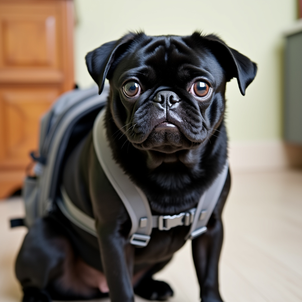 AI generated image by FLUX.1-pro: a black pug dog wearing a school backpack