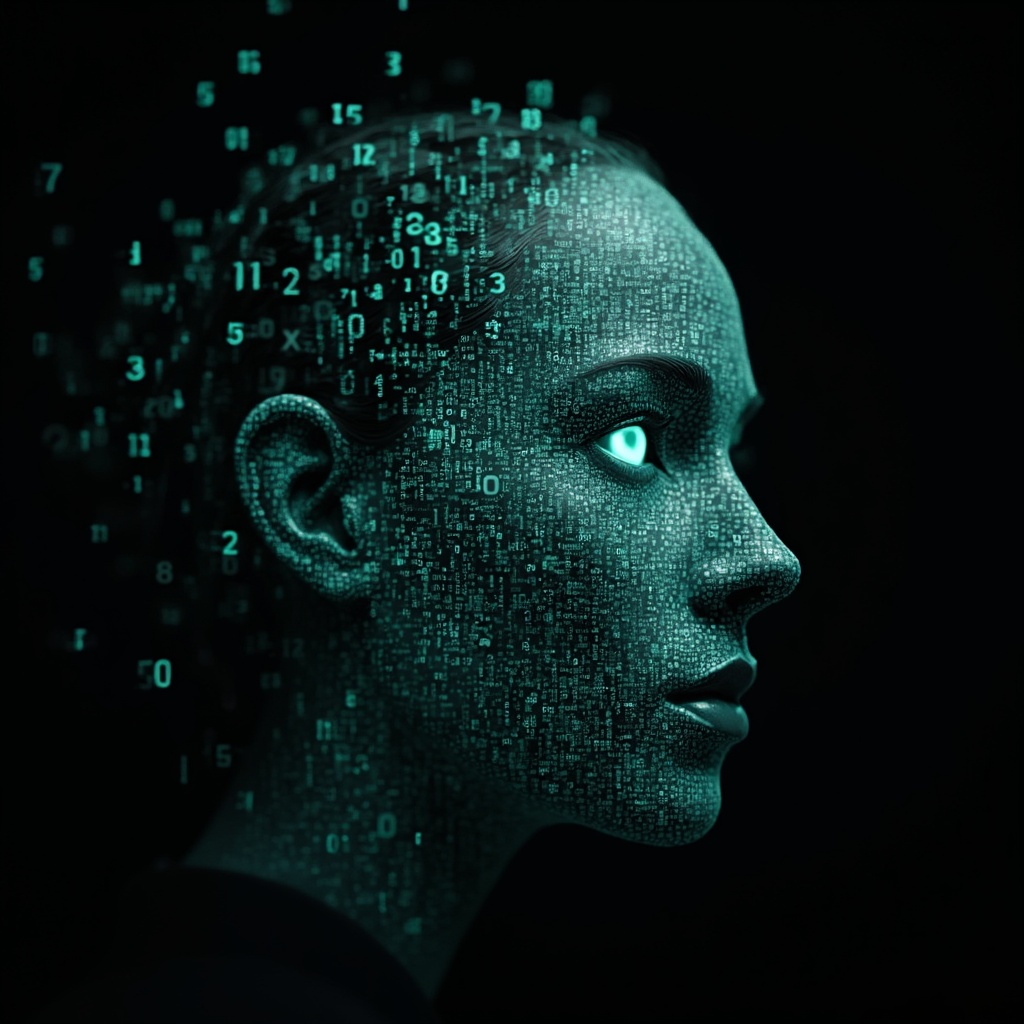 AI generated image by FLUX-Realism-Lora: Ada Lovelace's face as a digital mask made from thousands of turquoise numbers and formulas forming her face. the formulas and numbers fly behind the mask leaving a trail of complexity. the mask is floating dynamically in mid air. her head is turned to the right but her eyes are looking directly into the camera. the mask is on a black background.  like a png with black only background. photo realistic, sci-fi, human features hair