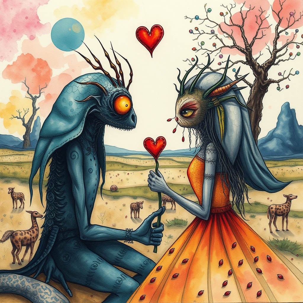 AI generated image by FLUX.1-schnell: Watercolor, First Love in a Desolate Land of surreal intent and abstract mystery, weird creatures in love, inspired by Andy Kehoe and Tim Burton, intricately detailed, vibrant colors, vintage aesthetics