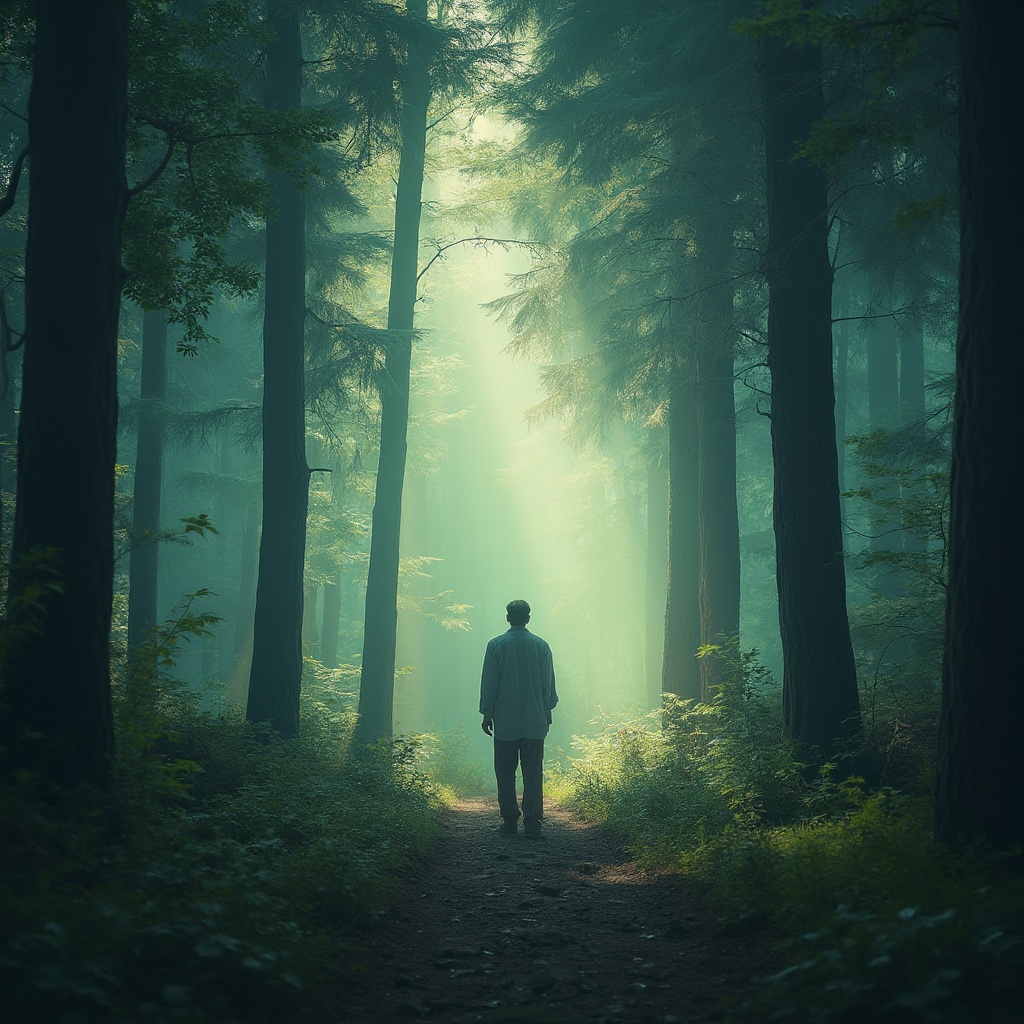 AI generated image by FLUX-Realism-Lora: Man standing in an enchanted magical forest