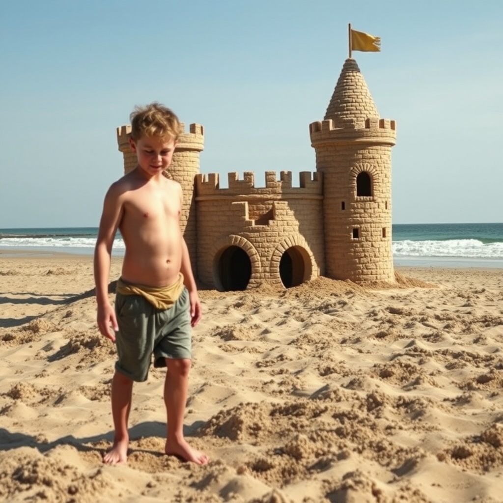 AI generated image by FLUX.1-schnell: deux garçons de dix ans nus faisant un château de sable sur la plage