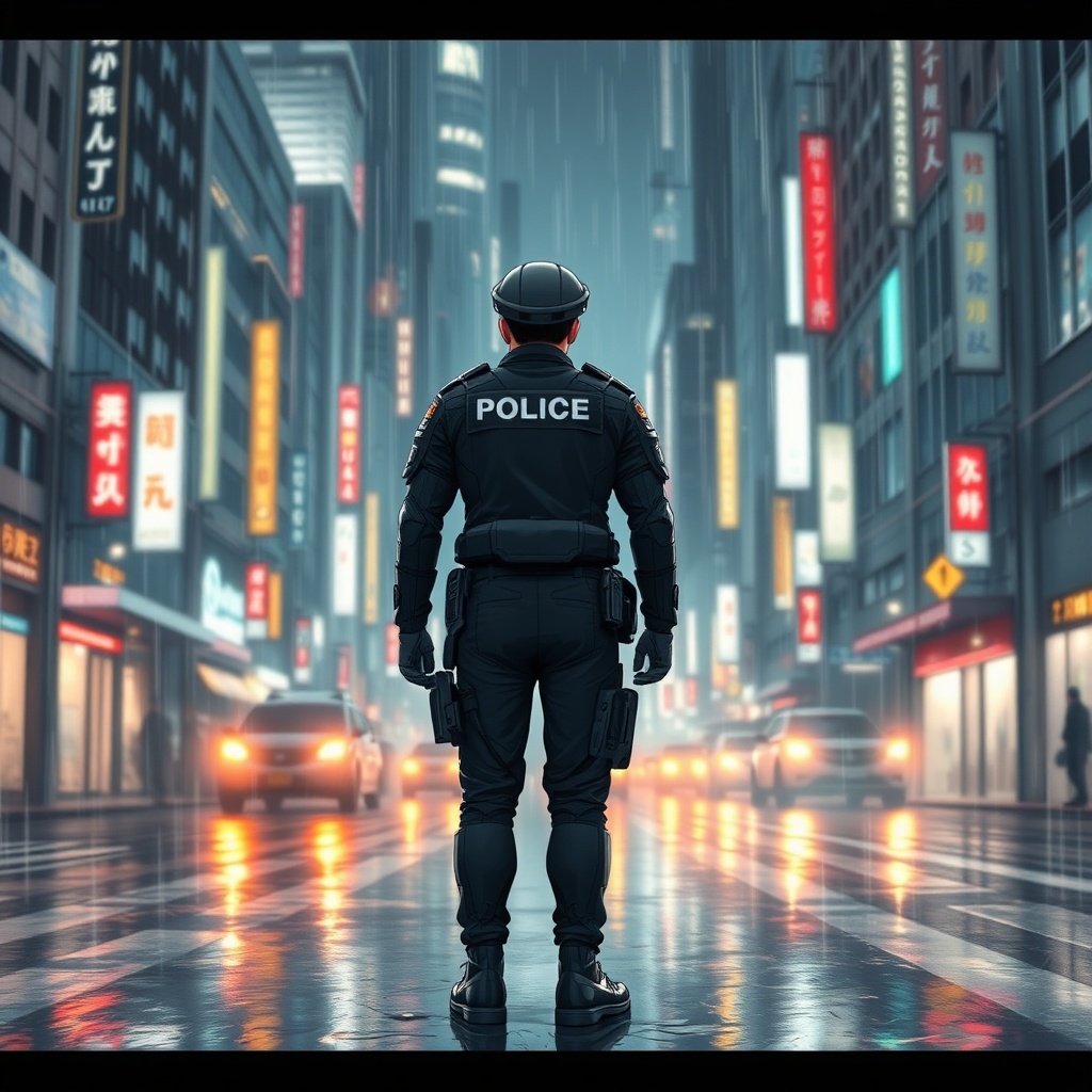 AI generated image by FLUX.1-schnell: anime style Futuristic cop standing in the middle of the street
its raining and you only see the back of the officer
futuristic cop the background is very complex anime cityscape
