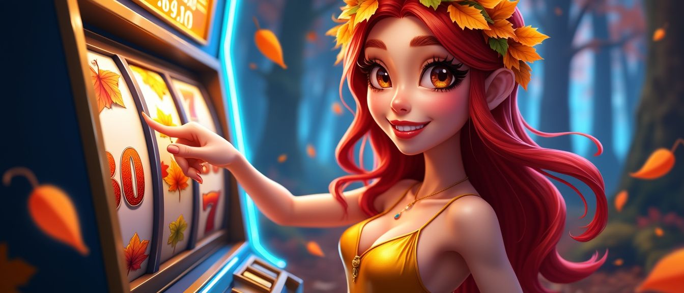 AI generated image by FLUX.1-pro: Fall Bounty - A Slot Game Character in game-styled graphics, a young, fair-skinned female with big shining brown eyes and long vibrant red hair , slightly smiling, full body. There are a lot of Barbara Bang's slot characters around her. She is wearing a gold dress, with a wreath of yellow and orange autumn leaves on her head, she poses dynamically pressing a blue and golden slot machine handle playing a slot game, triggering leaf fall-themed free spins and bonus rounds. Backstage is a dimly lit autumn forest environment with glowing blue neon lights with more autumn leaves and golden coins falling around the female, bold and slim lines, brush strokes, vibrant color palette, iridescent style, bright and reflective atmosphere light effects, holographic background, distance subject, wide open, full body, vibrant colors, saturated, professionally color graded visual, long exposition motion blur, tilt shot framing to add a dynamic and dramatic effect by tilting the horizon angle