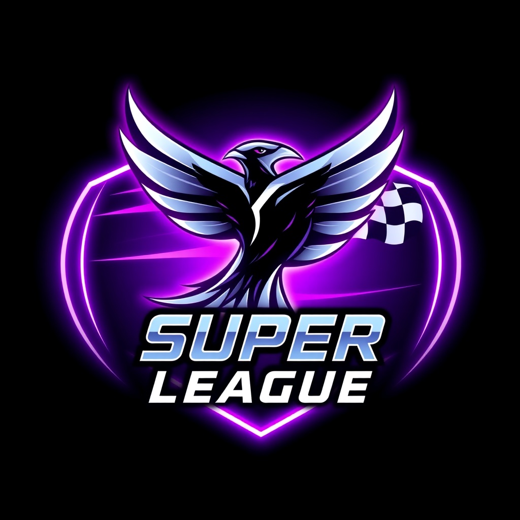 AI generated image by FLUX.1-schnell: A dynamic esports logo for drone racing Super League. Abstract speed lines forming a falcon silhouette, with checkerboard flag elements. Neon purple gradient with silver chrome accents. The logo should convey motion blur and extreme speed. Includes "SUPER LEAGUE" text integrated into design. Cyberpunk style with glowing edge effects. Clean vector look, high contrast, suitable for mobile display.
