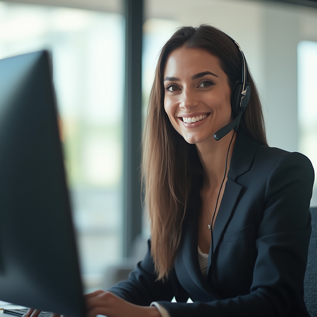 AI generated image by FLUX-Realism-Lora: A highly realistic photograph of a beautiful female customer support representative with a friendly smile, wearing a professional headset, working at a computer in a modern office. She wears business attire, with natural-looking makeup, and has a welcoming and approachable expression. The background is softly blurred, with subtle lighting that gives a natural, real-world look to the image. The office environment has large windows allowing in soft daylight, creating an authentic workspace setting.
