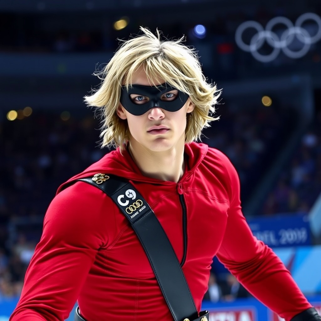 AI generated image by FLUX.1-schnell: A male figure skater with dirty blonde medium-length hair competing at the Olympics in front of a crowd of millions of people. He is wearing a red and black Zorro costume, and is in an ominous stance with an intimidating look on his face.