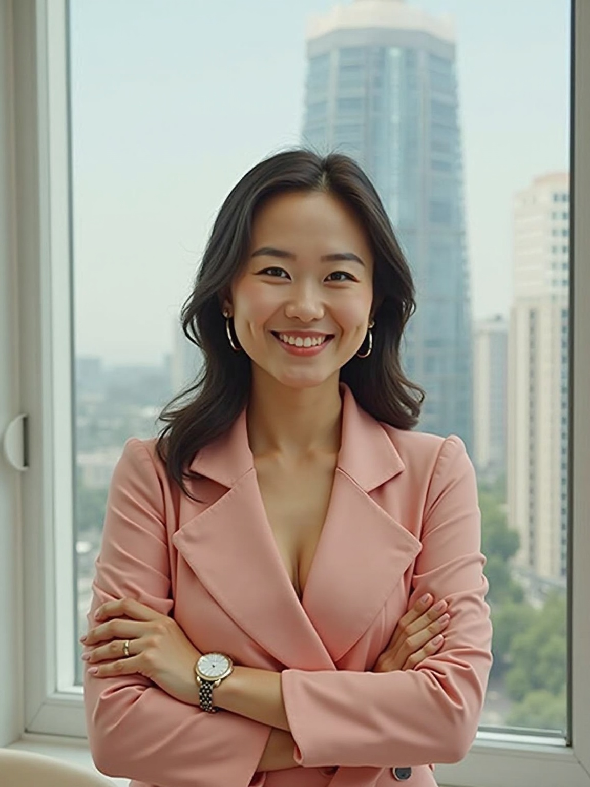 AI generated image by FLUX.1-image-to-image: A hyperrealistic image of a woman wearing a blue bazer and white business style blouse and pants . The woman is standing in her office, looking directly at the viewer with a happy and serene expression. The background is a sleek, minimalist modern office with a huge window showing the city.