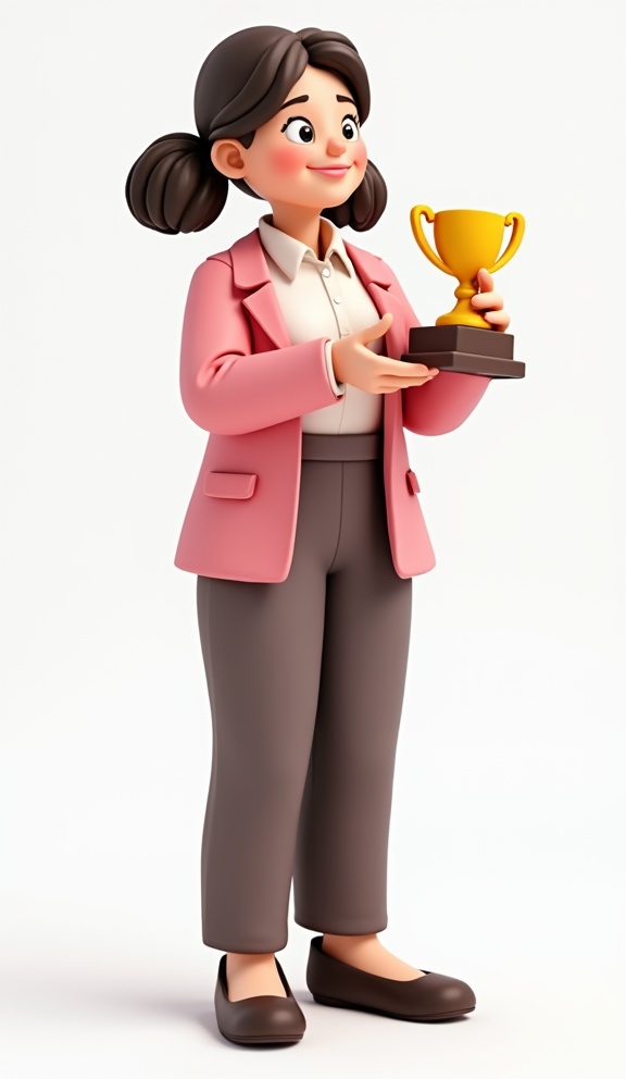 AI generated image by FLUX.1-image-to-image: 3D clay character of a businesswoman with a trophy in the hands, with long trousers, flat shoes and pink blazer