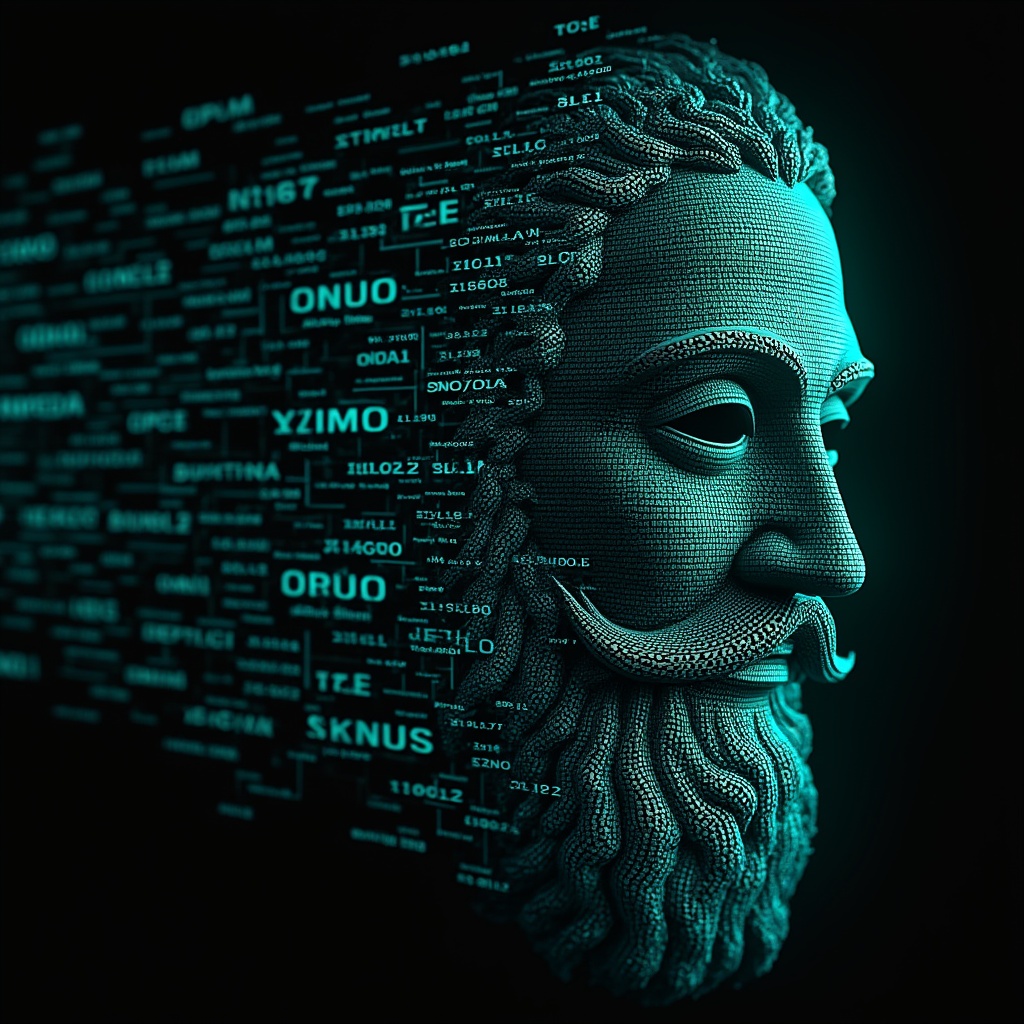 AI generated image by FLUX.1-pro: Leonardo DaVinci's face as a digital mask made from thousands of turquoise numbers and formulas forming his face. the formulas and numbers fly behind the mask leaving a trail of complexity. the mask is floating dynamically in mid air. his head is turned to the right but his eyes are looking directly into the camera. the mask is on a black background.  like a png with black only background. photo realistic, sci-fy