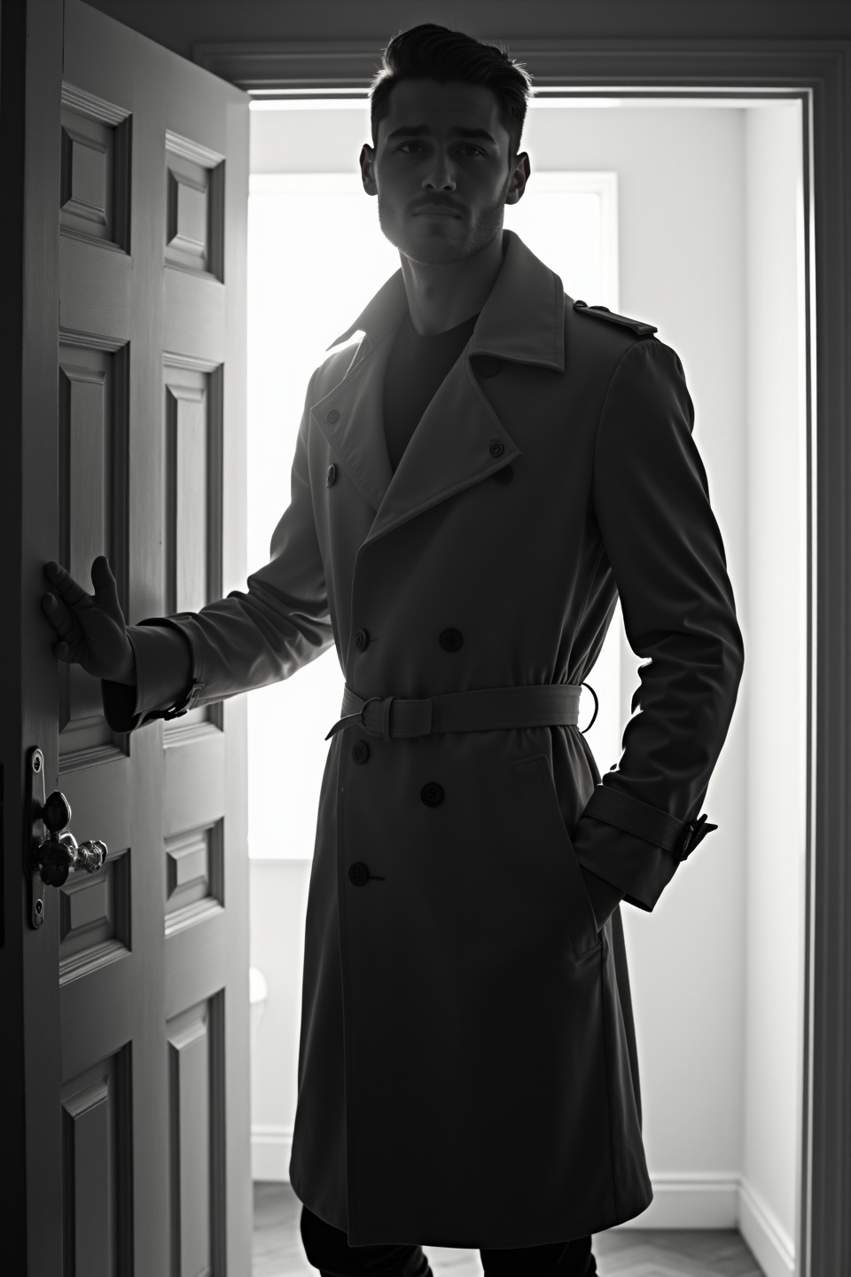 AI generated image by FLUX.1-image-to-image: black-and-white photo with the backlit dark silhouette of a handsome broad-shouldered man in a trench coat standing in a doorway coming and looking to camera. 
The man touching the door, as if he just entered the room. God rays. Backlight 