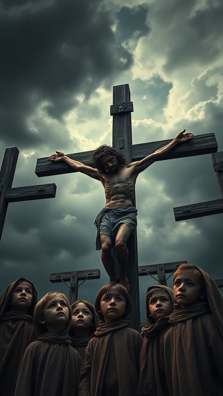 AI generated image by FLUX.1-schnell: A powerful, emotionally charged scene set against a dark, turbulent sky, showcasing the crucifixion of Jesus in striking hyper-realistic detail. Jesus is centered on one of the crosses, his head bowed with a crown of thorns, his face reflecting profound agony and serenity. The details of his emaciated body, pierced hands, and feet reveal the brutal reality of his suffering, with subtle bruising and dried blood adding authenticity. The shot is framed from a low-angle, emphasizing the towering crosses against a dramatic, cloud-laden sky, giving a sense of divine sorrow and monumental scale, shot in IMAX-quality with ultra-high-definition and photorealistic precision.

In the foreground, a group of children around 12 years old stands in solemn observation, replacing the lone woman from the original image. The children are clad in simple robes of muted earth tones, harmonizing with the somber atmosphere, and their faces are marked by visible tears, each child expressing individual grief and innocence lost. Their expressions range from sorrow to despair, capturing the profound emotional weight of witnessing such a tragedy. The camera begins with a medium shot of the group, then slowly zooms in, capturing each child's reaction in hyper-detailed close-ups, emphasizing the emotional resonance of their sadness. The lighting is subdued, with occasional beams of diffused sunlight breaking through the dark clouds, illuminating Jesus and casting the children in soft, sorrowful highlights. The background crowd watches in silent reverence, their faces shadowed and solemn. Ultra-smooth camera movement captures the gravity of the scene, with award-winning cinematography focusing on the interplay of light, shadow, and expression, resulting in a masterpiece of vivid, cinematic realism.