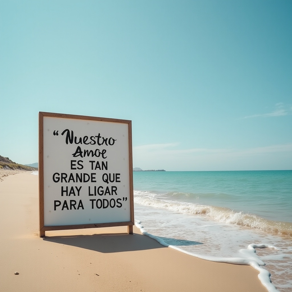 AI generated image by FLUX.1: un paisaje en la playa frente a un cartel que dice CON LETRAS GRANDES "“Nuestro amor es tan grande que hay lugar para todos”"
