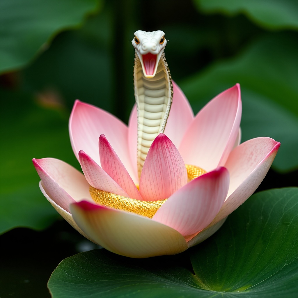 AI generated image by FLUX.1-schnell: A white and gold cobra emerging from a pink lotus flower, in a clam shell