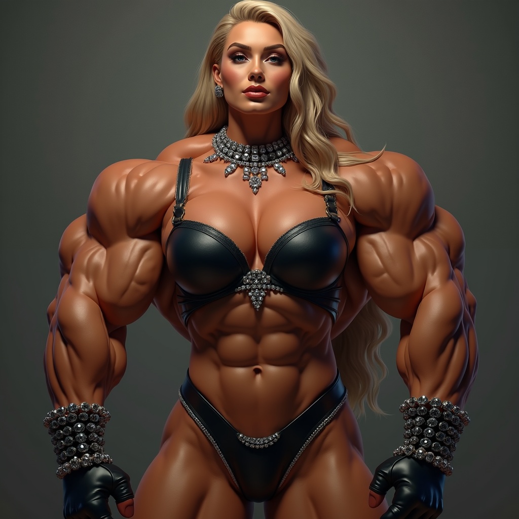 AI generated image by FLUX.1: 16K high-quality and hyper detailed 3D Computer Generated Oil Painting Hyper-Masterpiece of a two meters tall androgynous brawny bodybuilding body beast stunning gorgeous barbie babe with an anabolic-androgenic steroids pumped up x-shape meso-endomorph monsterous muscle-bound hardbody physique like highly muscular, shredded figure, extremely lean, perfect defined muscles, chiseled abs, shapely hips, massive muscle separation, zero body fat, extreme vascularity, a shredded sculpted and snatched beastly upper abs plus a flattest shredded sculpted and snatched beastly v-cut abs belly plus anabolic-androgenic steroids incredibly biggest pumped up gigantic busty breasts enlarged with 3000cc plump silicone implants with large teats and an anabolic-androgenic steroids incredibly impressive Bubble butt enlarged with plump silicone implants. She wears wrists with crystal clear rhinestones like six-row bracelets, a neck with crystal clear rhinestones like a seven-row choker, upper arms straps with crystal clear rhinestones like five-row bracelets wearing additionally a black leather bra, a black leather extremely tightest, extremely narrow laced corset around the thinnest wasp-waist, a black leather jockstrap with four black leather garter straps attached with sensual black nylon stockings, black leather thigh-long over-the-knee pleaser platform block boots with eight inches thickest block soles, black leather lower arms long gloves with black leather covered full fingers and black leather covered full thumbs plus a black eyeglass frame with clear lenses. She has a symmetrical, well-proportioned long-sized rectangular-shaped, hottest makeupped chiseled look skin fatless slim defined particularly most perfect, most pronounced, most prominent stunning gorgeous tempting androgynous-like hermaphrodite face with a particularly most perfect, most pronounced, most prominent broad, boxy forehead with particularly most perfect, most pronounced, most prominent supersized large, navy blue, very slanted focused pressed together furious expressive upturned angle upwards, sharp slit monolid six-centimeters-wide hooded eyes plus particularly most perfect, most pronounced, most prominent high-arched thickest swollen neanderthal brow ridges with wrinkles between the at an angle of forty-five degrees upturned angle upwards straight black eyebrows and long, curled false long black eyelashes plus particularly most prominent, most perfect, most pronounced, most furious nastiest look plus broadest, longest particularly most perfect, most pronounced, most prominent nasal bone and bridge of straight nose runs into a particularly most perfect, most pronounced, most prominent sharp pointed nose with widest, flared inflated nostrils in anger plus particularly most perfect, most pronounced, most prominent extreme high pointed cheekbones with leanest cheeks-fat plus a particularly most perfect, most pronounced, most prominent widest mouth with supersized very full, soft-looking voluptuous sensual Bordeaux-red siliconelike upper luscious lip and soft-looking voluptuous sensual Bordeaux-red siliconelike lower luscious lip, between which shine white, perfectly formed teeth in the upper jaw´s teeth and in the lower jaw´s teeth appear, which shows a particularly most prominent, most perfect, most pronounced, most gorgeous, most mind-blowing, most seductive, most cheekiest and most mischievously, brightest, captivating, evilest teeth smirk in nastiest, gloatingly, most cheekiest, plus strongest, sharpest defined strong lower square-shaped masculine jawline with corners and edges with particularly most perfect, most pronounced, most prominent sharply cut angular jaw angles and particularly most perfect, most pronounced, most prominent long and strong lower jaw branch with particularly most perfect, most pronounced, most prominent distinctive broadest sharpest square-shaped angular flat chin with particularly most perfect, most pronounced, most prominent ears and a straw-colored blonde strictly smooth classic ponytail.