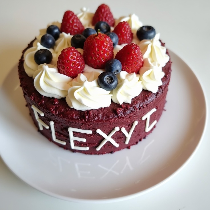 AI generated image by FLUX.1-image-to-image: black forest gateau cake spelling out the words "FLUX DEV", tasty, food photography, dynamic shot