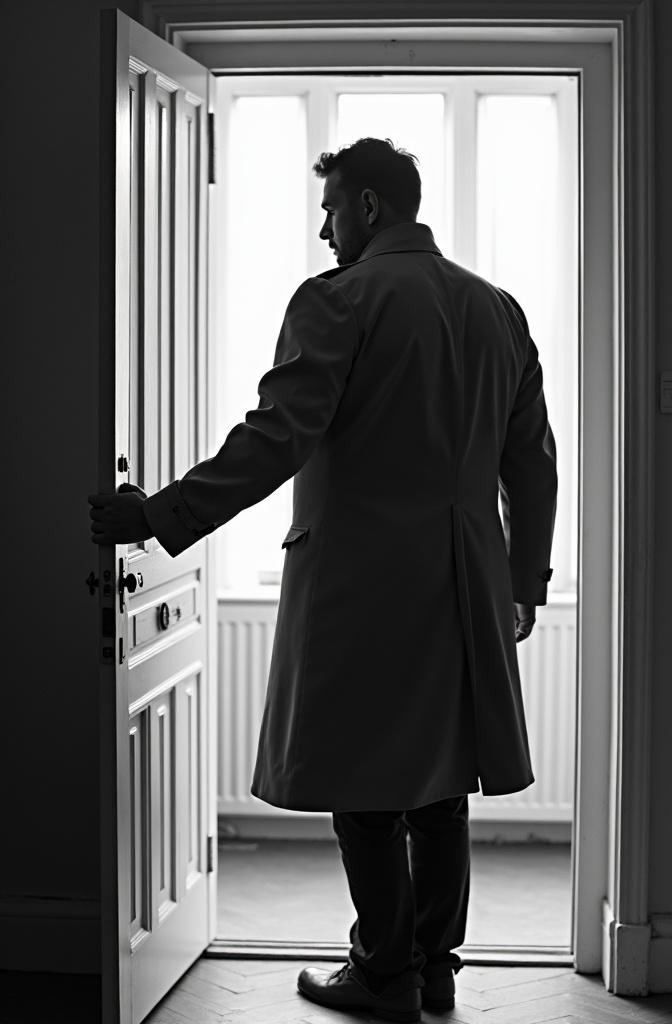 AI generated image by FLUX.1-image-to-image: black-and-white photo with the broad-shouldered silhouette of a man in a trench coat standing in a doorway coming in. 
The man holding the door handle, as if he just entered the room.

