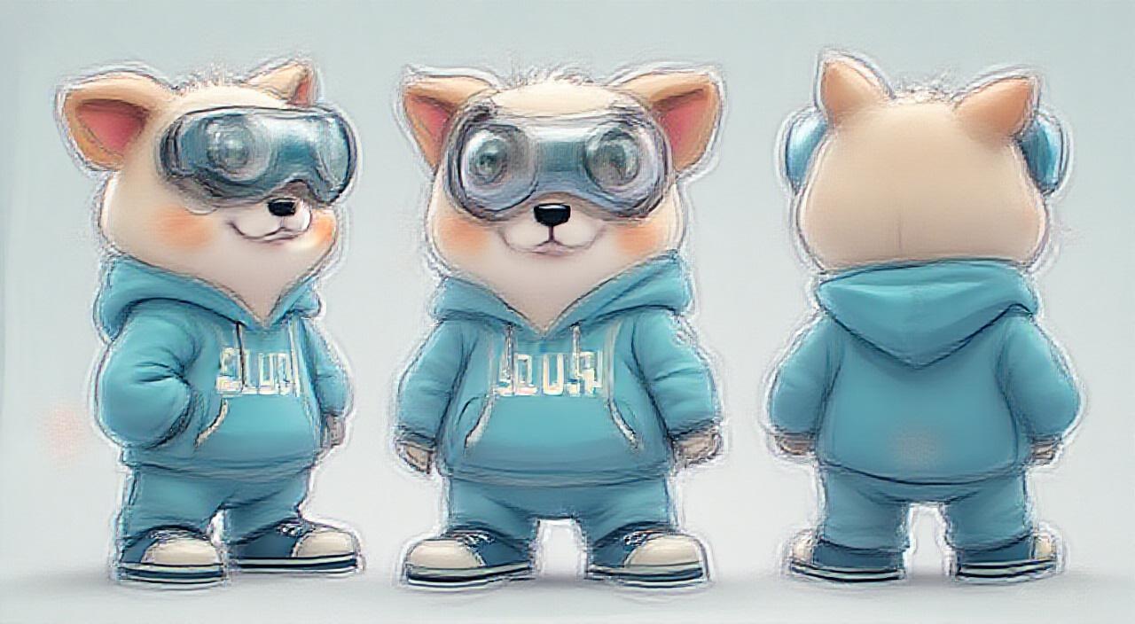 AI generated image by FLUX.1-pro: Create a cute, cartoon-style mascot of a chubby animal with a white body, light brown ears, and big expressive eyes. It wears a blue hoodie with "SLUSH" in white, blue pants, and sneakers. Add large, futuristic goggles with a light blue tint. Render from front, side, and back views with bright colors, smooth lines, and soft shading. Make it cheerful, smooth lines and shading