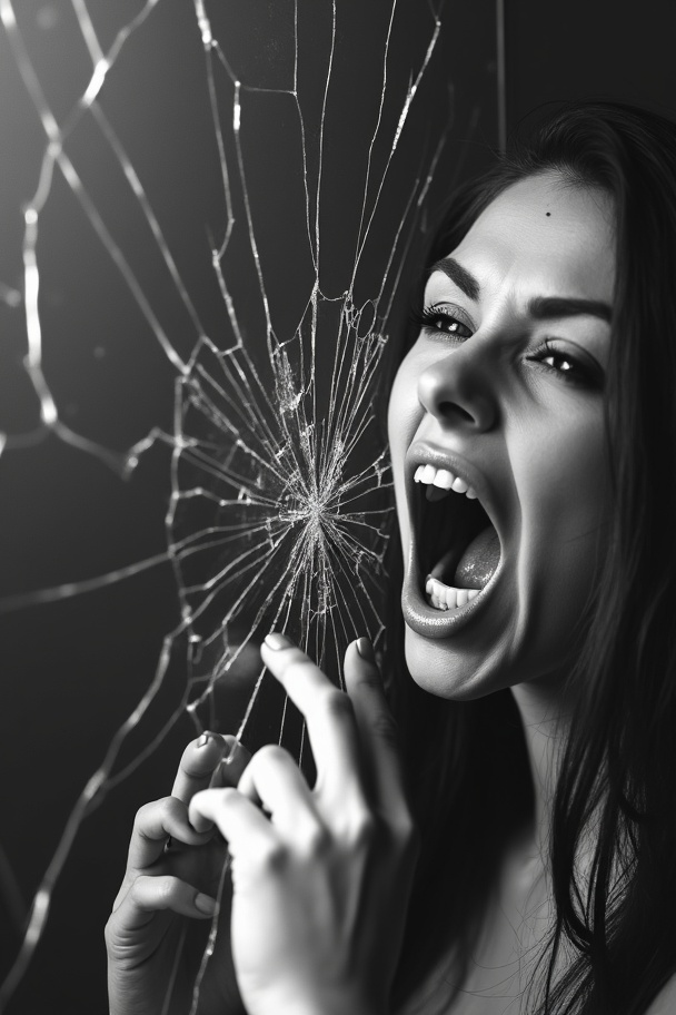 AI generated image by FLUX.1-image-to-image:  a black and white photo of a woman touching a shattered mirror, with cracks radiating from the reflection of her screaming mouth. Dramatic low-key lighting. Backlight. 