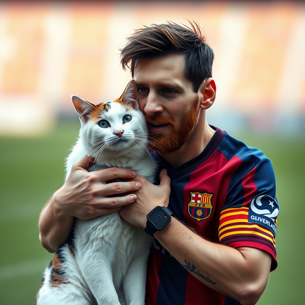 AI generated image by FLUX.1-schnell: Messi abrazando a un gato blanco con ojos de distinto color que lleva una camisola del Barcelona, trata que sea lo más realista posible.