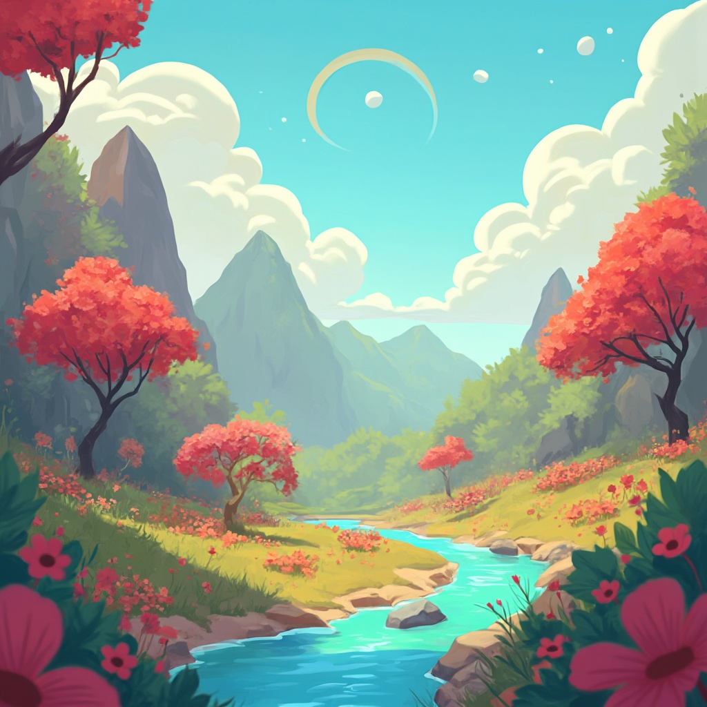 AI generated image by FLUX-Realism-Lora: "Crea una imagen digital súper detallada y vibrante de un paisaje alegre, cálido y lleno de vida, inspirado en el estilo de la caricatura *Hora de Aventura* de Cartoon Network. El escenario debe ser un valle colorido y mágico, con colinas suaves cubiertas de hierba brillante y flores de tonos pastel. En el fondo, montañas redondeadas y amigables con caras sonrientes, y un cielo despejado lleno de nubes esponjosas con formas divertidas. Incluye un río cristalino que serpentea por el valle, reflejando los colores del entorno, y árboles con hojas en forma de espirales o formas abstractas, típicas del estilo de la serie. Añade detalles como criaturas adorables y fantásticas, como pequeños animales con ojos grandes y expresivos, y quizás un arcoíris brillante que cruza el cielo. La atmósfera debe transmitir felicidad, aventura y diversión, con colores saturados y un estilo caricaturesco que evoque la esencia única de *Hora de Aventura*."
