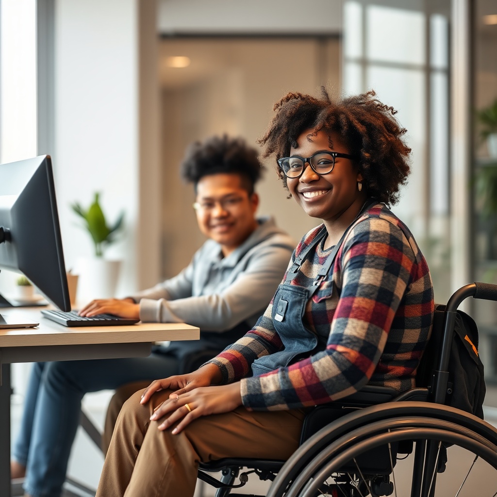 AI generated image by FLUX.1-schnell: young disabled workers of color in a modern office