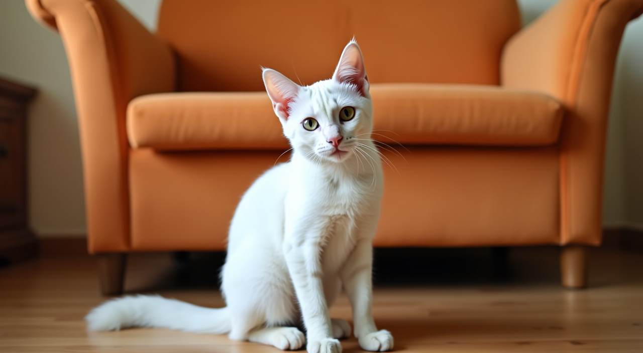 AI generated image by FLUX.1-pro: The image shows a white cat sitting on a wooden floor in front of an orange couch. The cat is facing the camera and is looking directly at the camera with a curious expression. Its body is relaxed and its tail is curled around its body. Its ears are perked up and its eyes are wide open, giving it an alert and inquisitive look. The background is blurred, but it appears to be a living room with a beige wall and a brown couch.