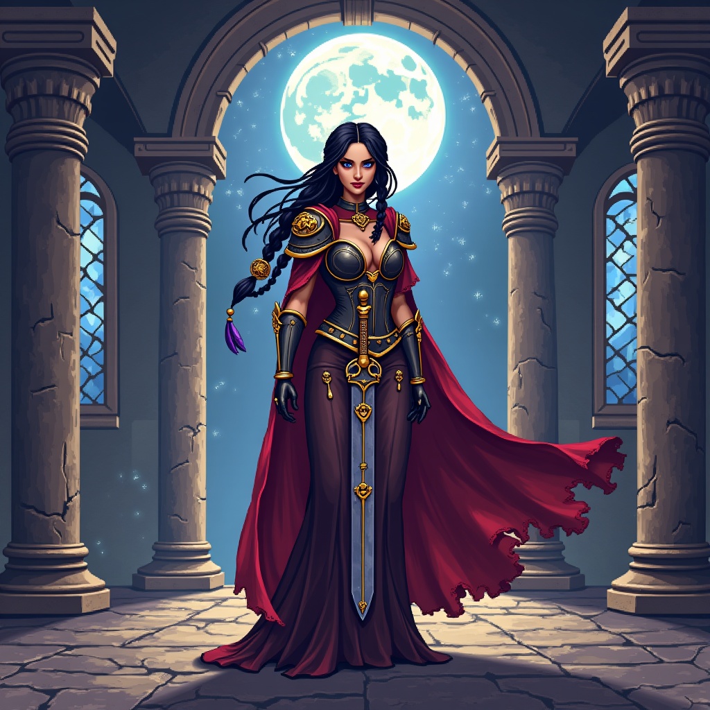 AI generated image by FLUX.1: "A breathtaking, pixelated princess stands boldly at the center of the scene, framed by the crumbling arches of an ancient throne room bathed in moonlight. She is draped in a flowing, deep crimson cloak embroidered with golden sigils — regal yet weathered. Her armor gleams with soft light, nicked and scarred from battle, and a ceremonial sword rests calmly across her back. Her piercing eyes stare directly ahead with unwavering resolve, framed by windswept hair braided with feathers, bones, and silver thread — the markings of a warrior queen who writes her own legacy.

She is not a damsel — she is destiny in motion. Behind her, torn banners ripple in the wind; faint stars shimmer through shattered stained-glass windows. The room hums with dormant magic and revolution.

The entire scene is rendered in nostalgic, 16-bit pixel art, complete with grainy CRT-style textures, visible scan lines, and soft pixel bloom around torchlight and magical highlights in her eyes. This image feels pulled from the title screen of a long-lost SNES-era RPG — one where she is the first and only name in the prophecy. Commanding. Timeless. Unforgettable."