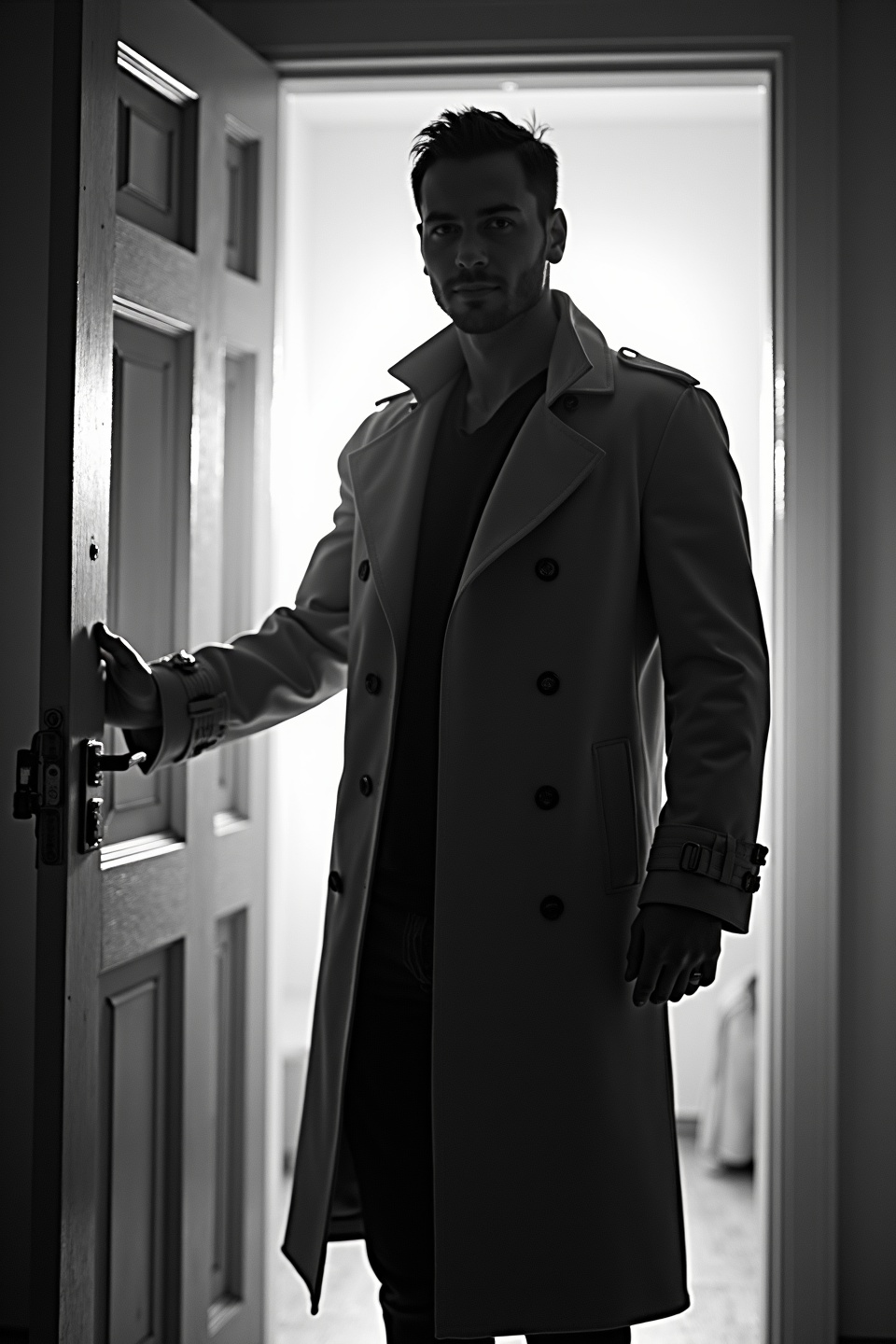 AI generated image by FLUX.1-image-to-image: black-and-white photo with the backlit dark silhouette of a handsome broad-shouldered man in a trench coat standing in a doorway coming and looking to camera. 
The man touching the door, as if he just entered the room. God rays. Backlight 