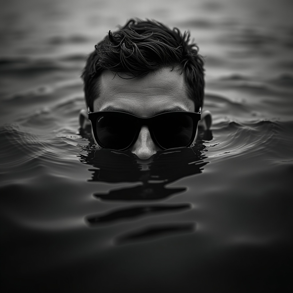 AI generated image by FLUX.1-image-to-image: A black and white photo of a man's head just above dark water, sunglasses partially submerged. The camera is low, parallel to the water