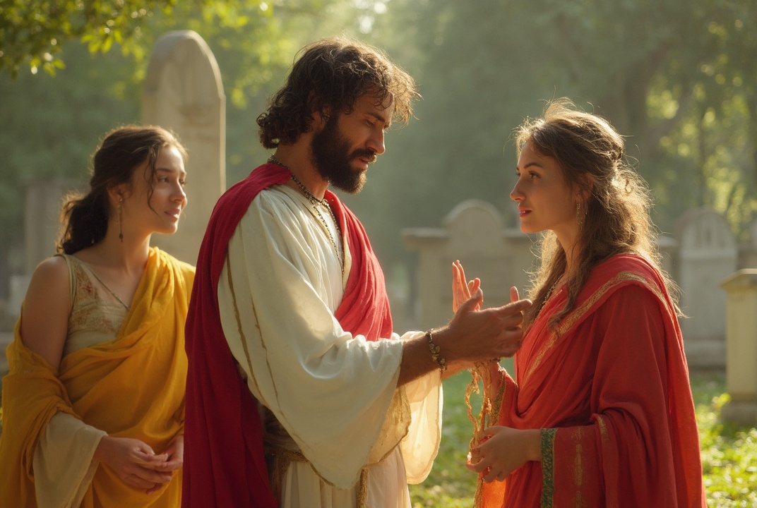 AI generated image by FLUX-Realism-Lora: Jesus from the Bible with short hair, beard and mustache dressed in white red and yellow colors, comforting two women who have lost their brother with an environment from his time outdoors in a cemetery