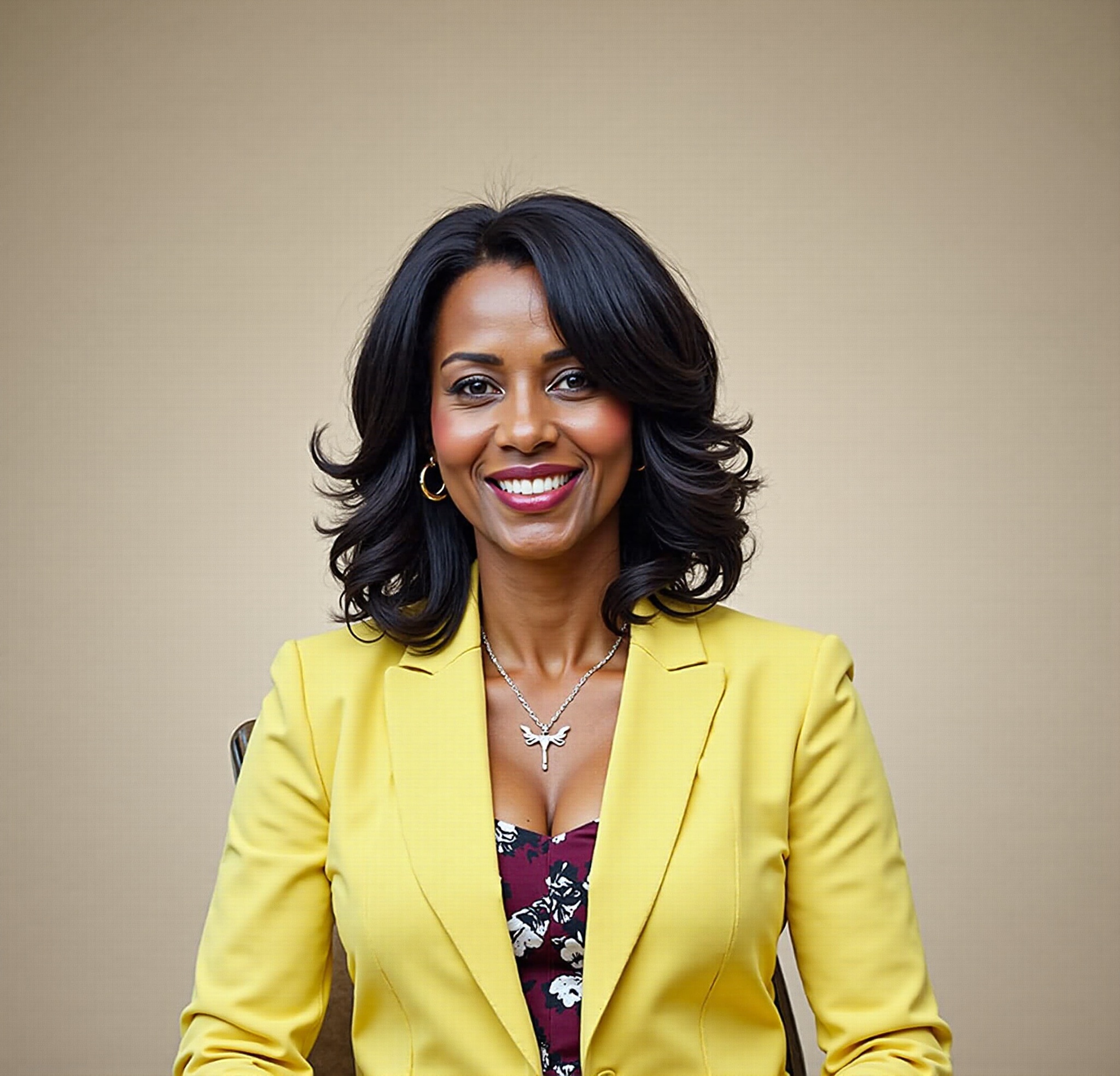 AI generated image by FLUX.1-image-to-image: An elegant, photorealistic, stylish African woman in her late 40s with youthful radiance and authority, confident expression,medium brown skin with warm undertones, natural shoulder-length black hair styled professionally in protective waves, intelligent dark brown eyes with very light wisdom lines, confident smile showing maternal strength, medium build (well-proportioned, neither slim nor heavy), wearing a sophisticated floral deep burgundy blouse, sitting in modern office studio with cinematic lighting, professional backdrop with subtle Pan-African elements, speaking with revolutionary passion tempered by mature wisdom. Linda ThriveBoss avatar, confident expression, cinematic lighting, photorealistic, soft shadows, studio backdrop, warm skin tone

•	Negative Prompts: 
blurry hands, distorted limbs, busy background, low resolution
