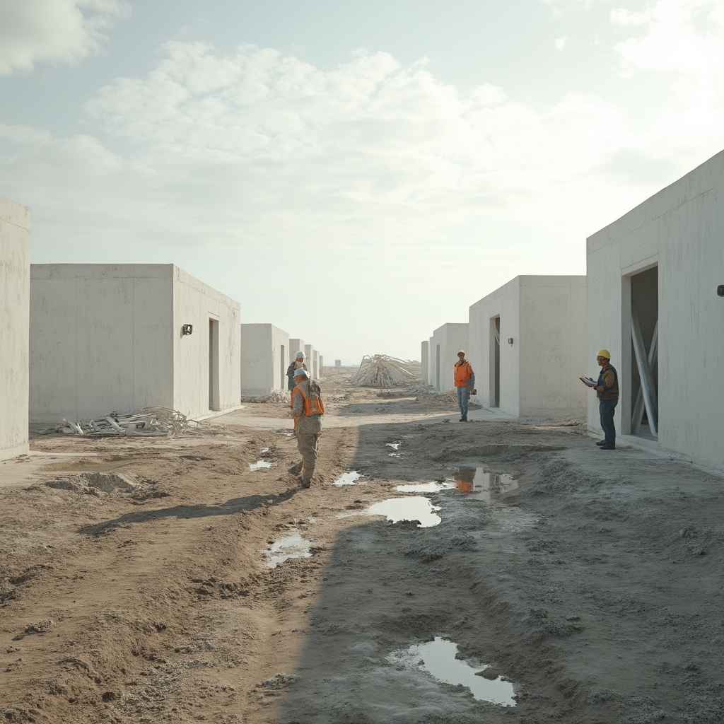 AI generated image by FLUX-Realism-Lora: "Ultra-realistic, high-resolution photograph: A wide, open field still bearing the signs of a recent flood—damp soil, scattered patches of dried mud, and shallow puddles—now hosts a series of newly constructed, single-story white buildings. These structures have been rapidly produced using a large-scale 3D concrete printer, resulting in smooth surfaces and subtly layered contours if examined closely. Debris from the flood—a few twisted metal beams and fragments of wood—remain in the background, partially cleared. The late-afternoon sunlight filters through a patchy cloud cover, casting soft, elongated shadows, and the atmosphere feels quiet yet hopeful. In the distance, one or two workers wearing hard hats and reflective vests are inspecting the buildings, holding tablet-like devices. The scene conveys a sense of resilience, showcasing innovative construction technology providing stable, modern shelter in an area recently overcome by natural disaster."