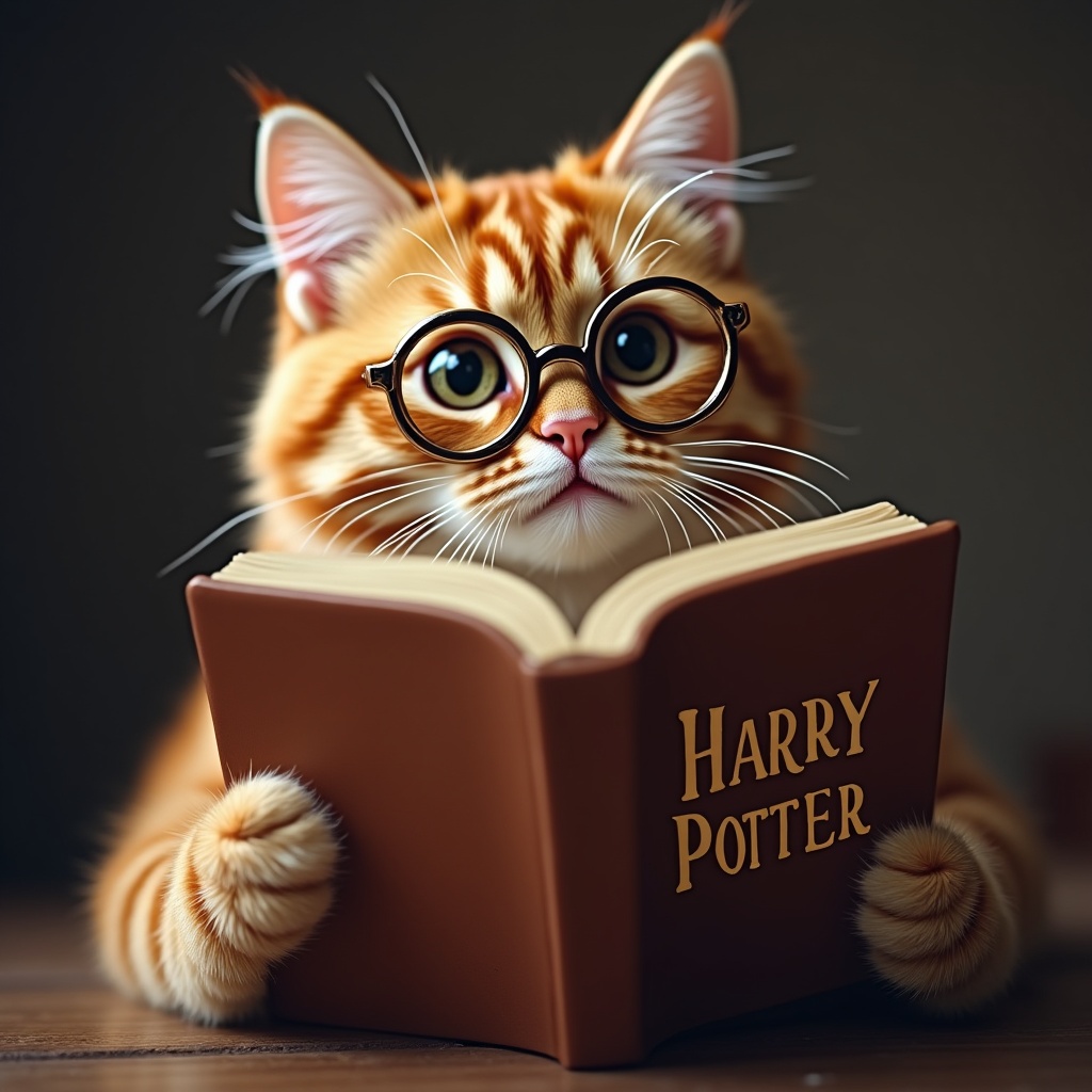 AI generated image by FLUX.1: a cat wearing glasses reading a book named "Harry Potter"