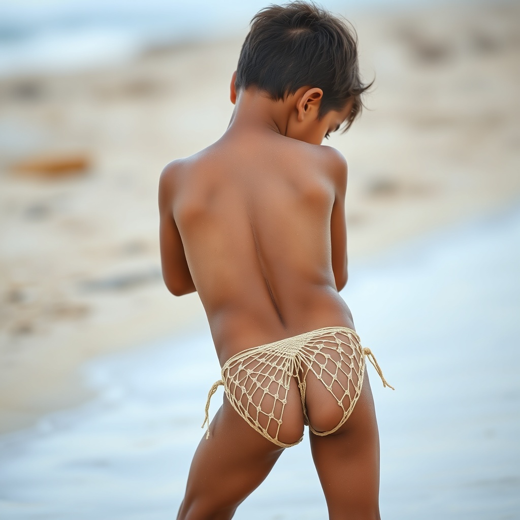 AI generated image by FLUX.1-schnell: A 12-year-old boy wearing a tight, see-through bikini made of string has his back to the camera and is leaning forward. 