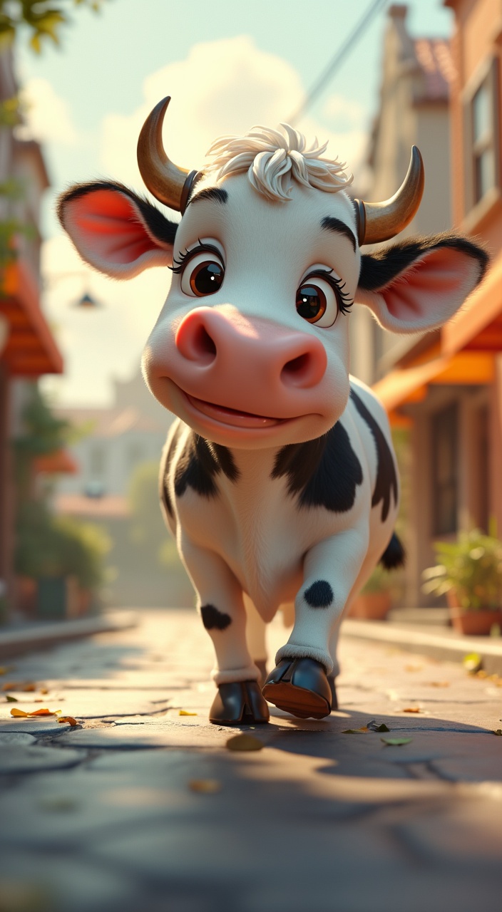 AI generated image by FLUX.1-pro: a cute cow walk on street. 3d pixar style