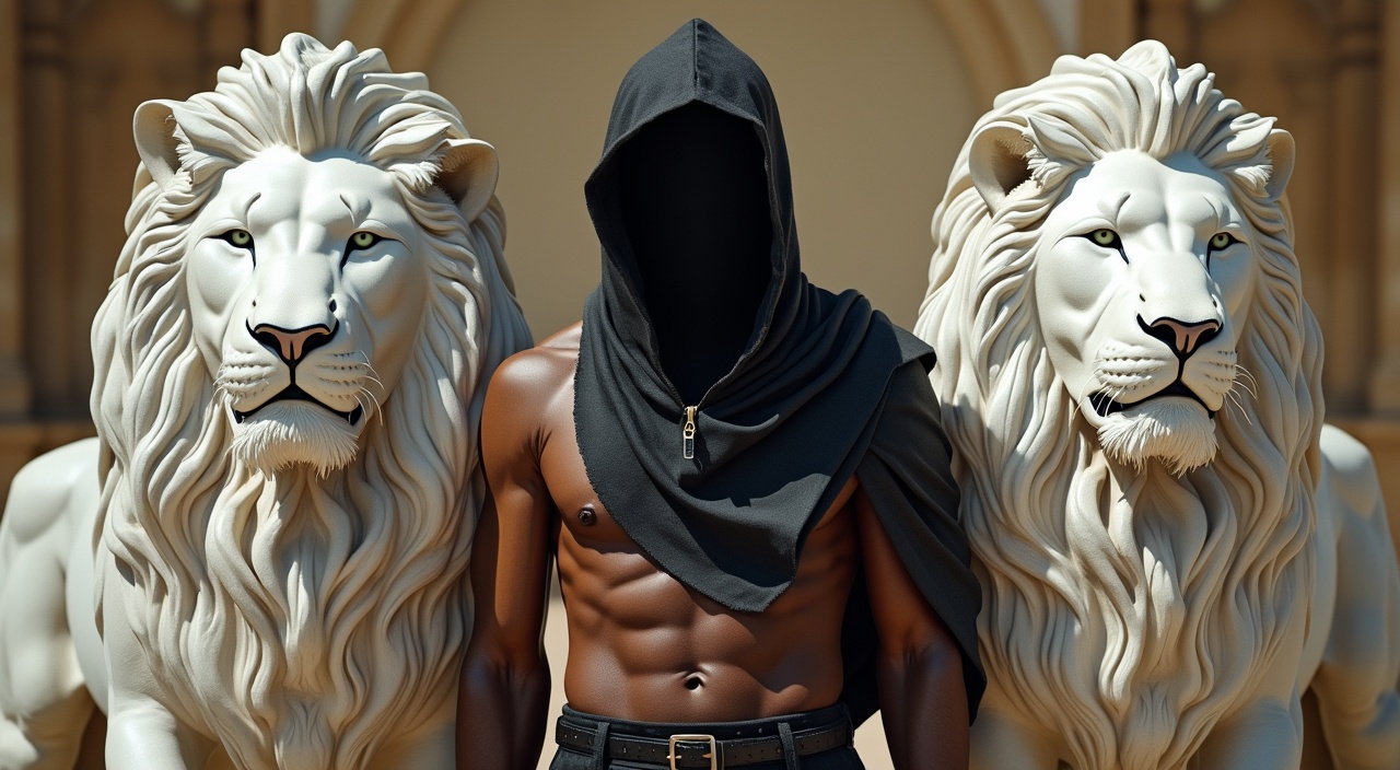 AI generated image by FLUX.1-pro: dos leones blancos con un hombre cubierto de negro con espadas delante de ellos