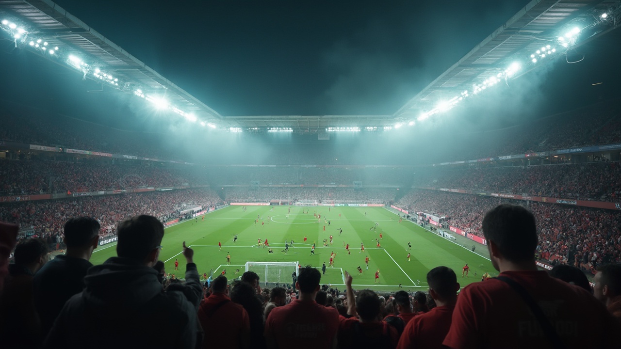AI generated image by FLUX-Realism-Lora: a soccer stadium full of fans, at night, final champions, penalti kick, red and black team, smoke, low camera. cinematic look, some flares