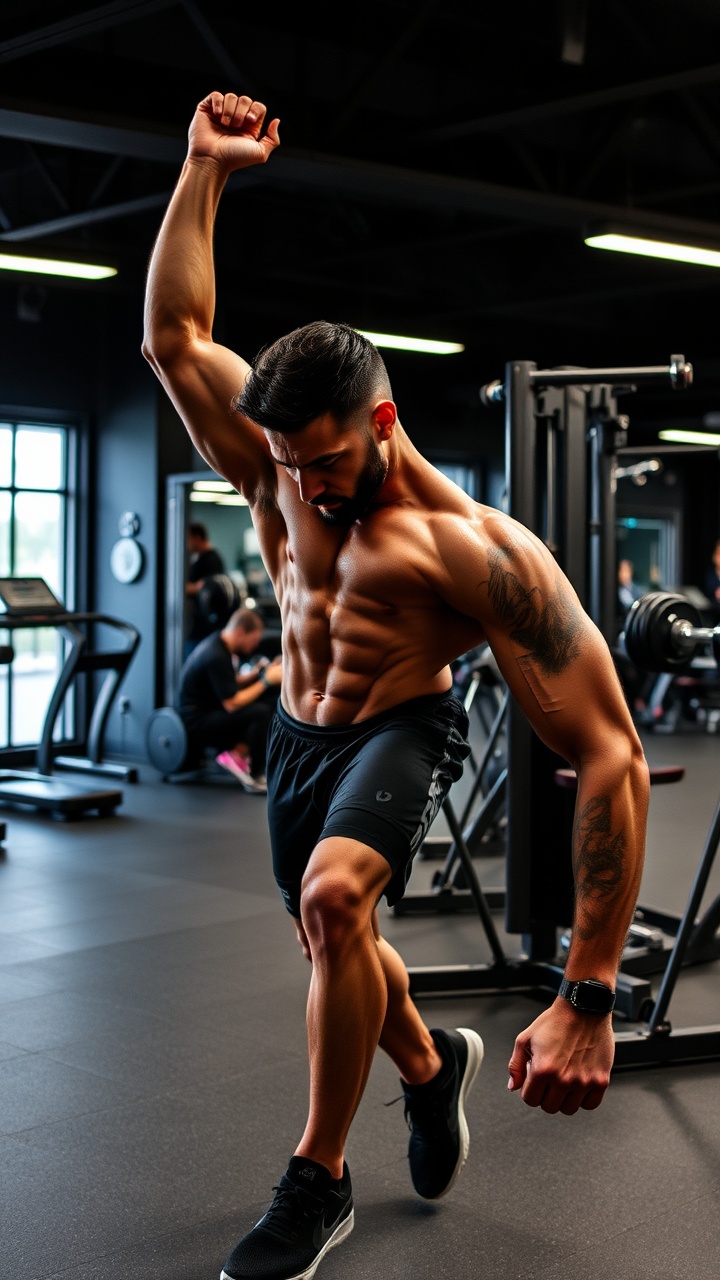 AI generated image by FLUX.1-schnell: Un hombre ejercitándose en el Gym con pesas

