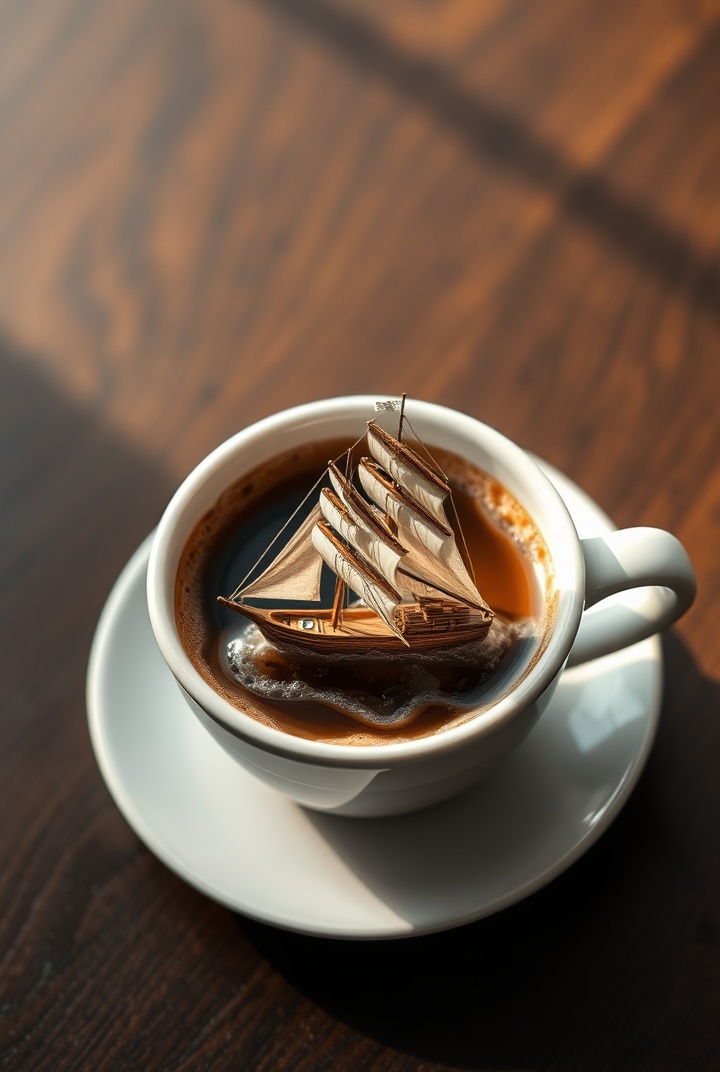 AI generated image by FLUX.1-schnell: a small ship floating in the cup of coffee