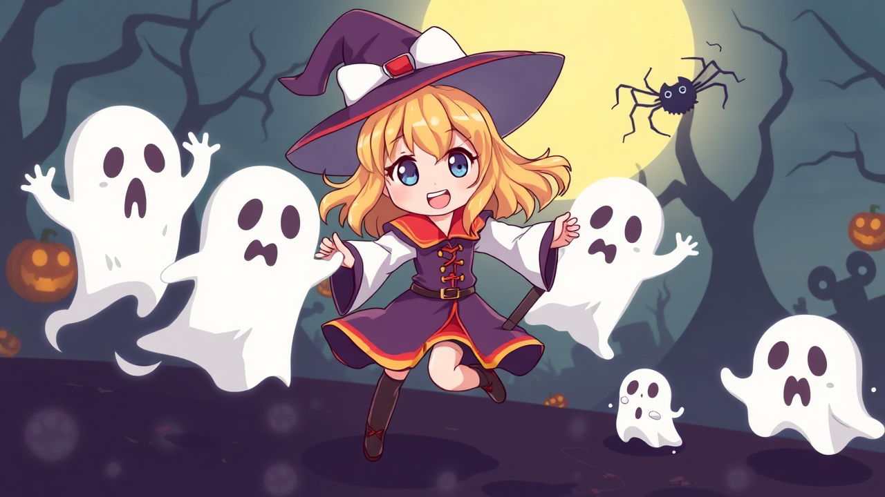 AI generated image by FLUX.1-schnell: Cute anime mage girl being chased by cartoon ghosts and spiders. Halloween theme.