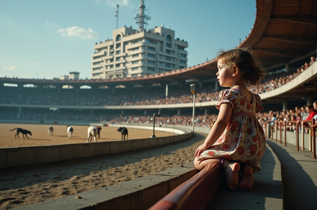 AI generated image by FLUX.1-image-to-image: This building in 1960's in Barcelona. A little girl is looking dog track race, with 7 dogs running and the stands are full of people excited about the race.