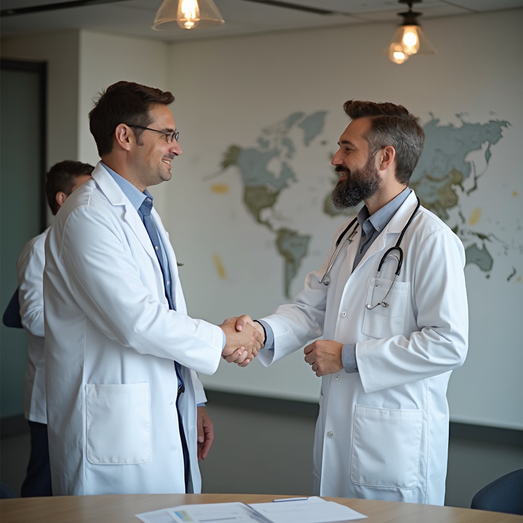 AI generated image by FLUX-Realism-Lora: Two doctors shaking hands in a conference room. 