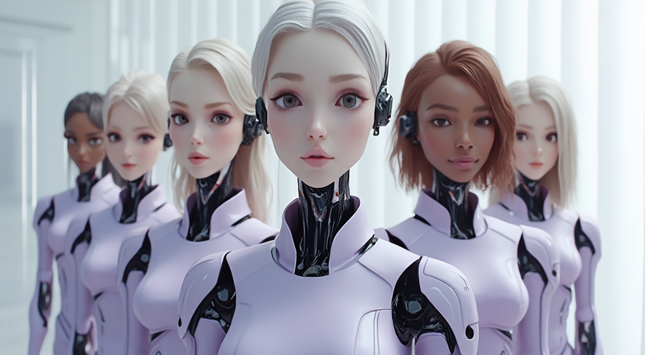 AI generated image by FLUX-Realism-Lora: A photorealistic image of a professional team of humanoid robots with human heads, designed for a futuristic and approachable “Contact Us” section of a website. Each humanoid has a unique human head, ensuring diversity with both men and women of different ages and ethnicities. The faces are highly detailed, with natural skin textures, expressive eyes, and visible hair that seamlessly integrates with their robotic forms.

They are standing in a group formation, positioned slightly behind each other, creating a professional and dynamic team structure. Their android bodies have a sleek, modern design, with smooth metallic plating and subtle technological elements.

The team members are dressed in elegant, lightly purple uniforms, blending futuristic fashion with professionalism. The uniforms have subtle metallic accents, high-tech seams, and an ergonomic fit, symbolizing trust, innovation, and assistance.

The background is bright and modern, with a clean, minimalistic aesthetic and soft lighting. It may include elements like a futuristic office, digital holograms, or a clean white tech-space, ensuring the team looks inviting, high-tech, and ready to assist.

The composition conveys warmth, intelligence, and professionalism, making the team feel both highly advanced and approachable. Each humanoid team member has a unique expression, looking directly at the viewer as if they are ready to help. The image should be ultra-realistic, with sharp details, lifelike facial textures, and high-tech aesthetics, ensuring a premium and futuristic corporate identity