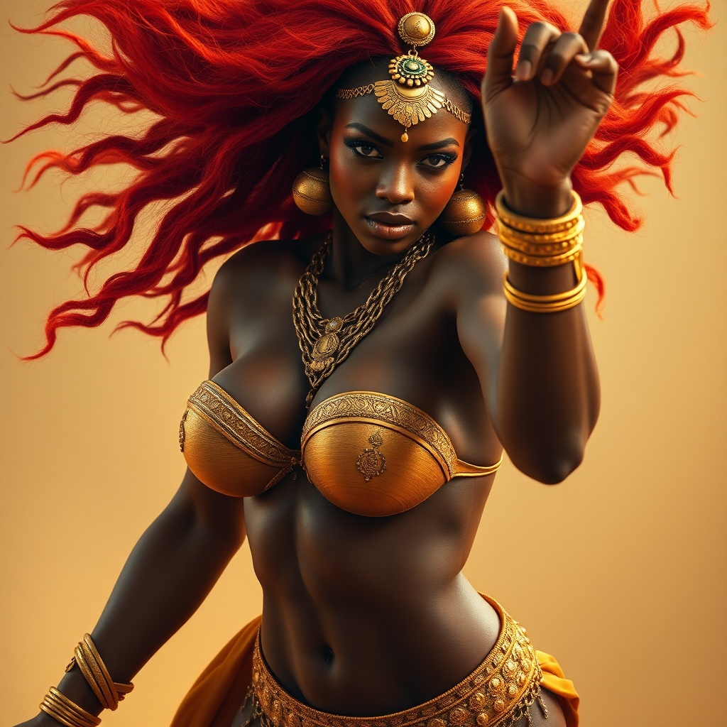 AI generated image by FLUX.1-schnell: beautiful busty african goddess, adorned in golden jewelry, with long red hair, in a dynamic action pose