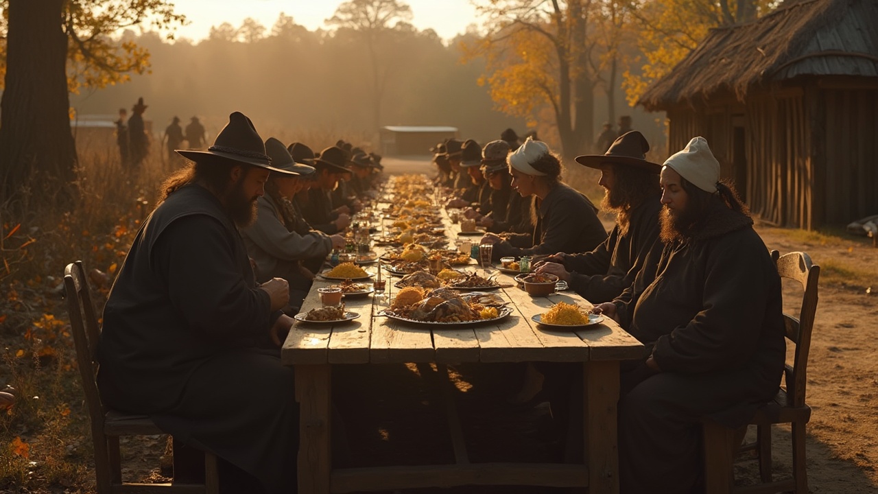 AI generated image by FLUX-Realism-Lora: "A historically authentic cinematic photograph of the first Thanksgiving in Massachusetts, ca. 1621; Pilgrims in plain, dark attire with wide-brimmed hats and bonnets sit at a rustic wooden table outdoors, sharing a humble feast of corn, squash, wild fowl, and fish with Wampanoag tribespeople, who wear traditional deerskin clothing, moccasins, and beaded accessories; a backdrop of autumn foliage and a simple Pilgrim settlement, with wooden cabins and a thatched roof meetinghouse; the scene bathed in soft, golden light of the setting sun, evoking a peaceful yet solemn tone; attention to historical detail in clothing, tableware, and setting. [tags start here] cinematic, historical photography, realistic, vibrant."