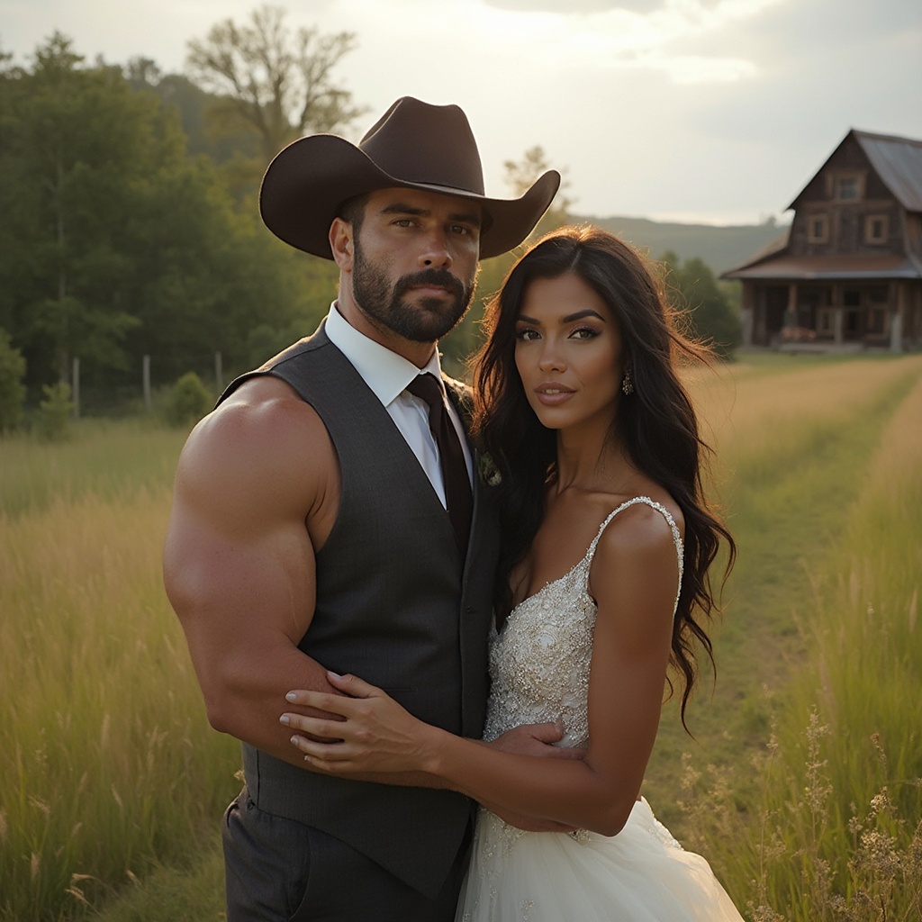 AI generated image by FLUX-Realism-Lora: A romantic wedding scene in nature featuring a couple posing near a rustic barn. The groom is a tall, 6-foot, 260-pound, 35-year-old Caucasian man with a muscular bodybuilder physique, short dark brown hair, and piercing blue eyes. He is wearing a cowboy hat and a tuxedo. The bride is a stunning modern Native American woman with long black hair, warm brown eyes, and sun-kissed tan skin, dressed in a beautiful modern wedding gown. She is nearly as tall as the groom. The backdrop includes lush greenery and a rustic barn under a serene sky, creating a warm and romantic atmosphere.