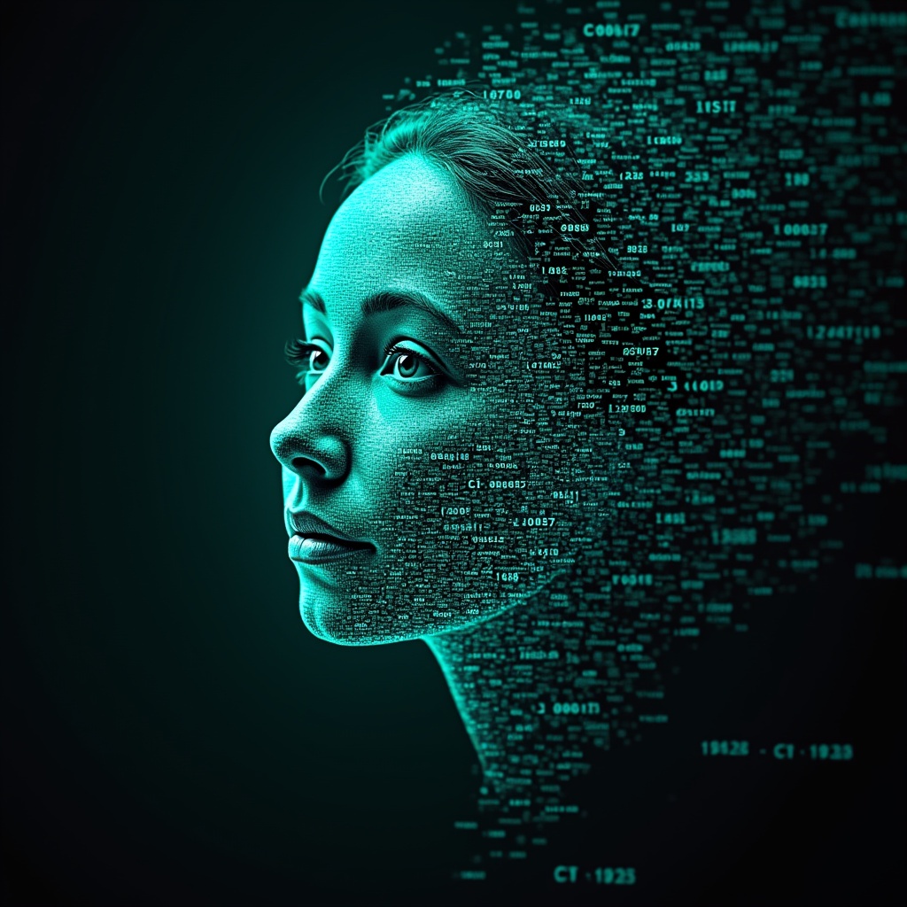 AI generated image by FLUX.1-pro: Emmy Noether's face as a digital mask made from thousands of bright turquoise numbers and formulas forming her face. The formulas and numbers fly behind the mask leaving a trail of complexity. The mask is floating dynamically in mid air. Her head is turned to the right but her eyes are looking directly into the camera. The mask is on a black background. Like a png with black only background. Photo realistic, sci-fy