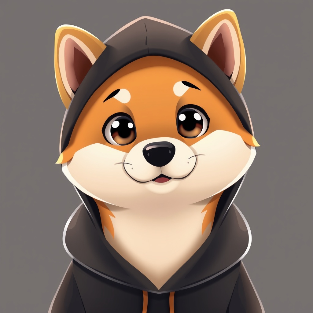 AI generated image by FLUX.1-schnell: 2d cartoon style image of Shiba Inu dog in a black hoodie with large cute eyes