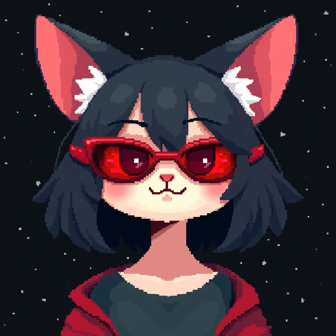 AI generated image by FLUX.1-image-to-image: a pixel art of a cat girl, red colored, futuristic, red and white hair, wearing red futuristic and glamorous glasses, space background
